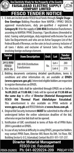 Faisalabad Electric Supply Company Tender Notice